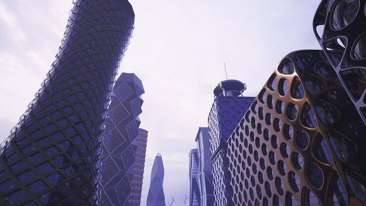 Paisagem urbana futurista com altos arranha-céus