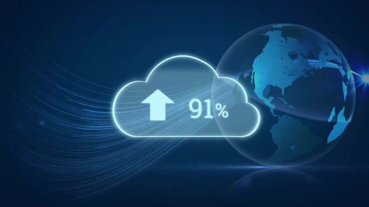 Animation of red shapes and cloud with growing number over globe on black background