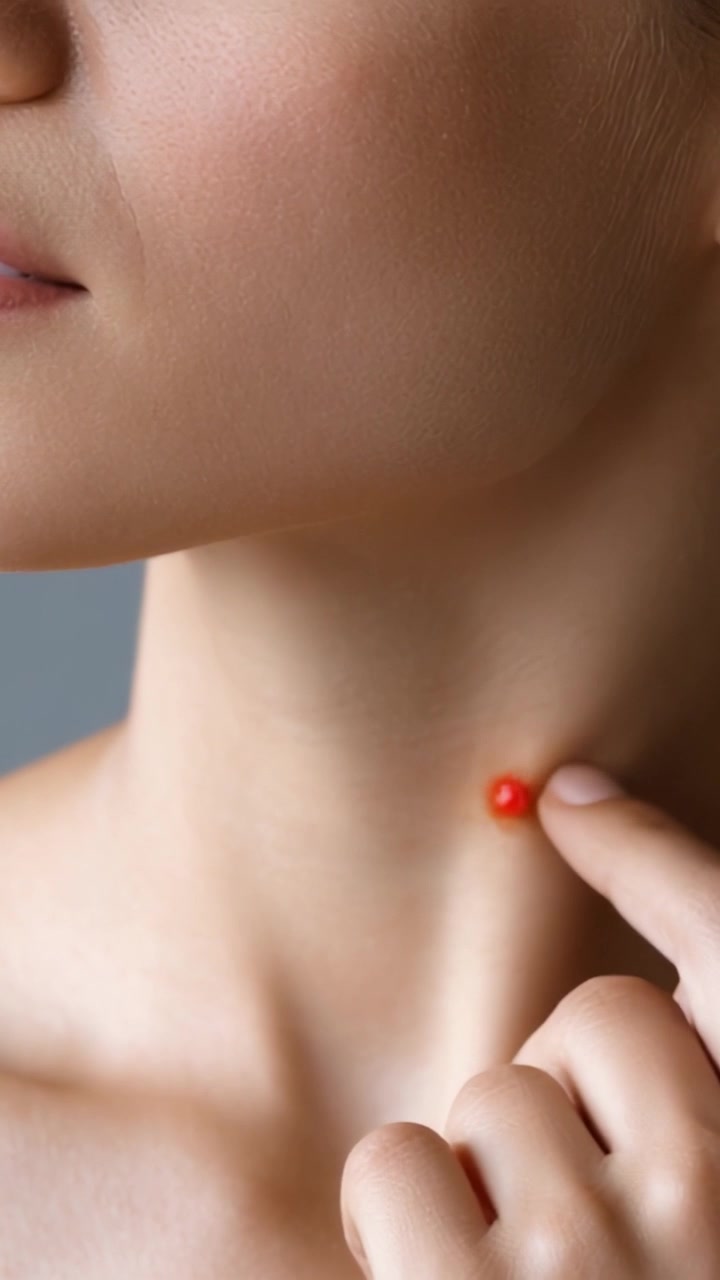 Primo piano di una donna che tocca delicatamente un piccolo rigonfiamento rosso sul collo, mettendo in risalto la pelle delicata e una sottile espressione di curiosità riguardo alla condizione cutanea.