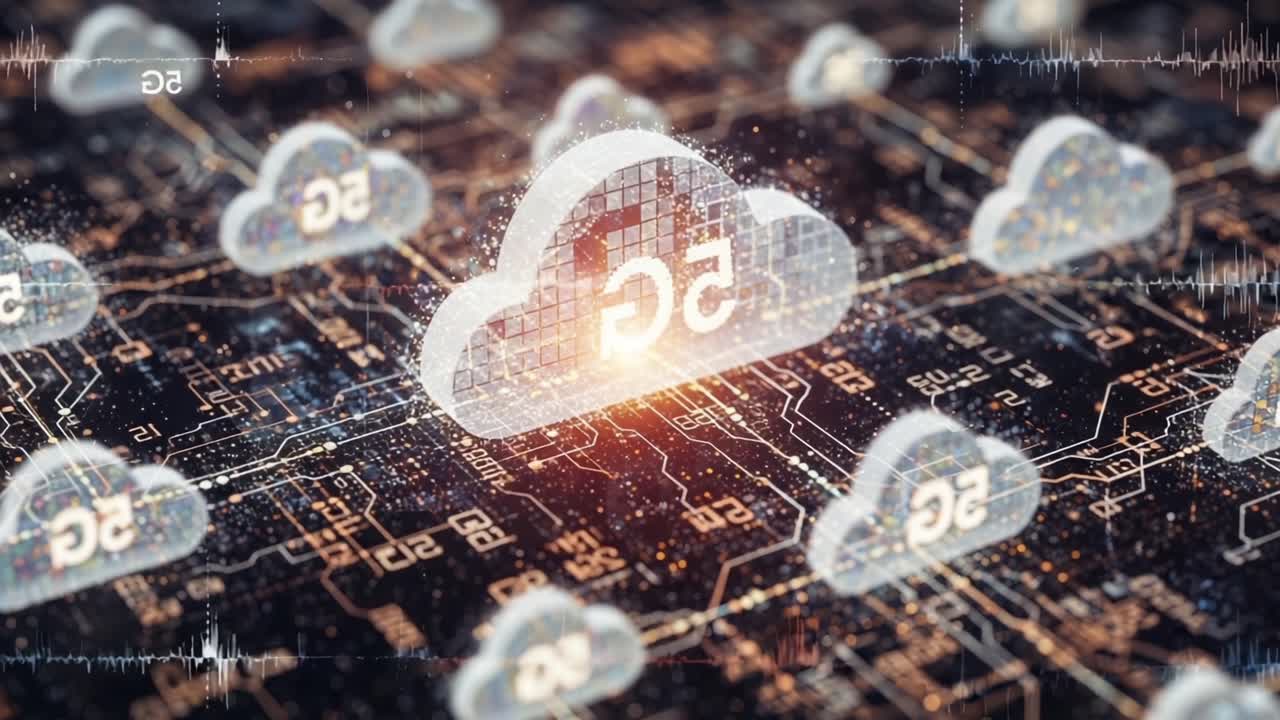 An Abstract Visualization of Cloud Computing and Data Interconnectivity Represented Through Digital Clouds and Circuitry Patterns in a Modern Tech Environment