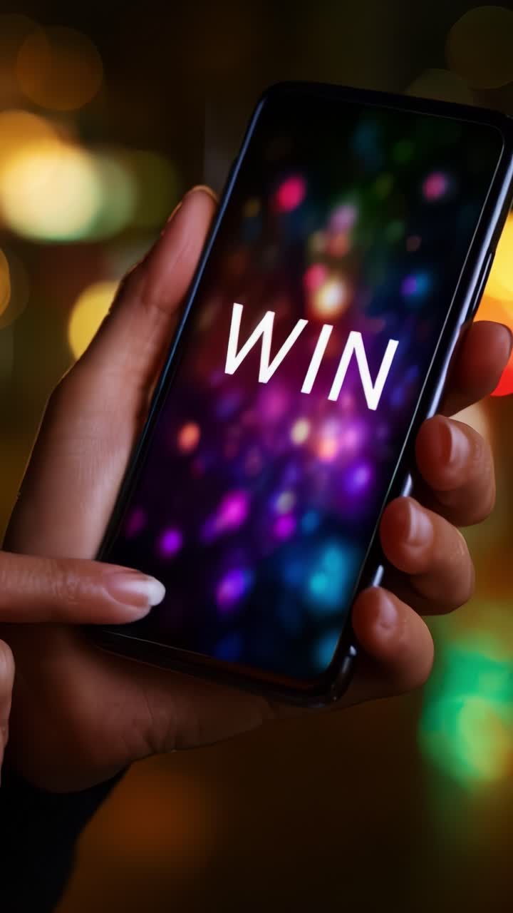 A Hand Holding a Smartphone Displaying the Word 'WIN' with a Colorful Bokeh Background, Symbolizing Success and Achievement in Today's Digital World