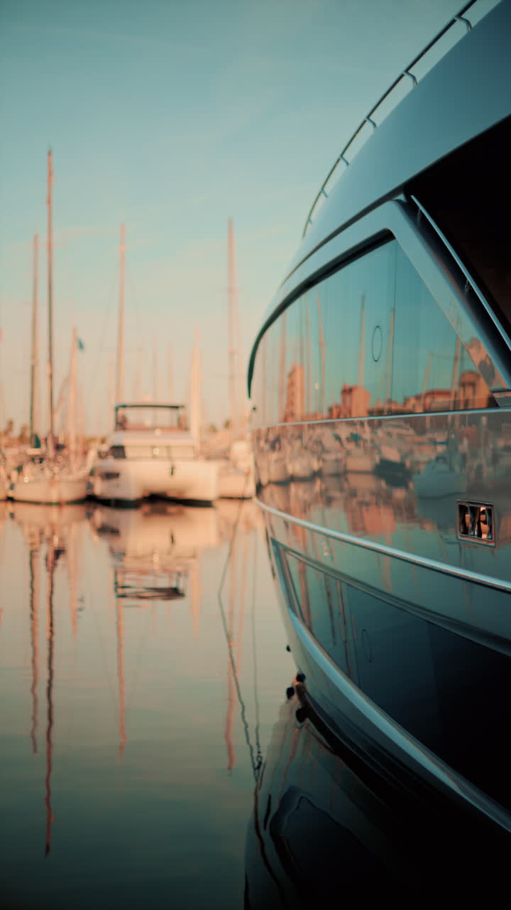Boat reflections distorted on calm marina water. Vertical