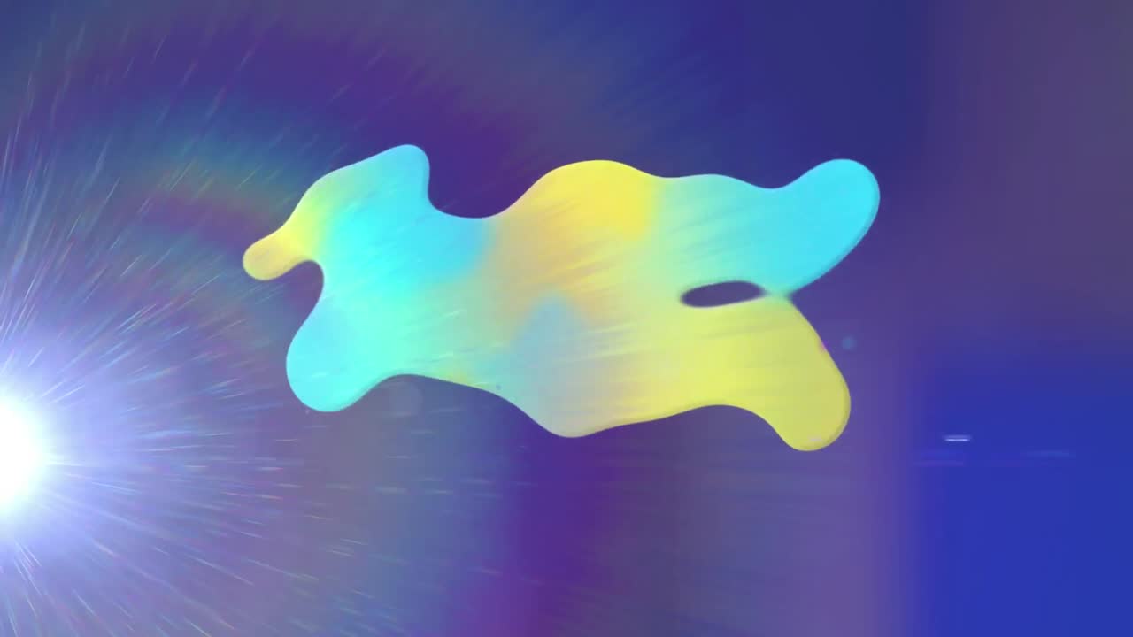 Animation of green and yellow blob and moving spotlight with lens flare over dark blurred background