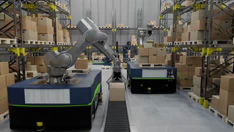 animation of robots and drones working in warehouse