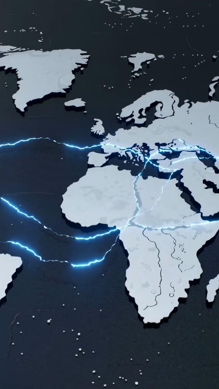 Vertical video: Opening camera, 3D map pulsing blue arcs across Europe and Africa, as data network