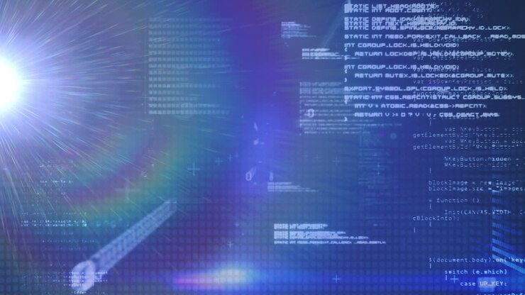 Animation of glowing light over layers of data processing on blue background