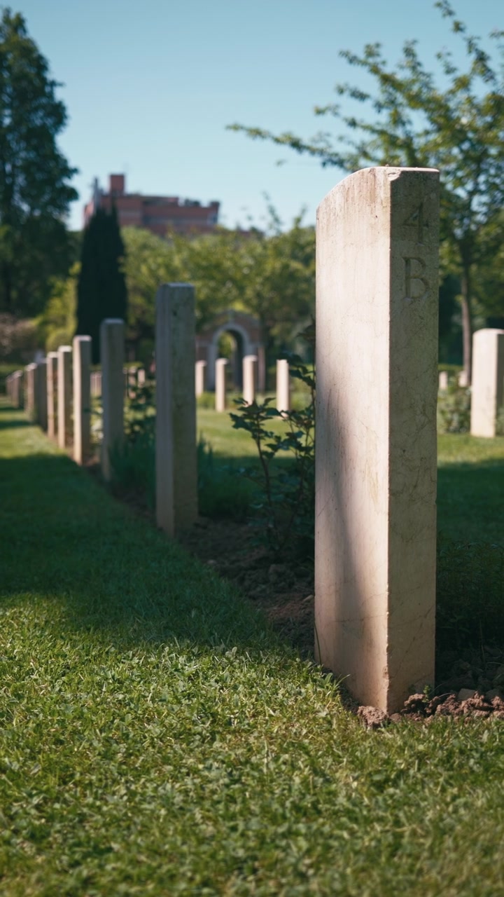 Fila di lapidi cimiteriali nel giorno della memoria