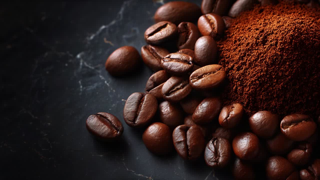 An In-Depth Exploration of Coffee Beans and Ground Coffee: Delve into the Rich Textures and Aroma of Freshly Roasted Coffee, Featuring Dark Chocolatey Beans and Fine Coffee Grounds on a Sleek Surface
