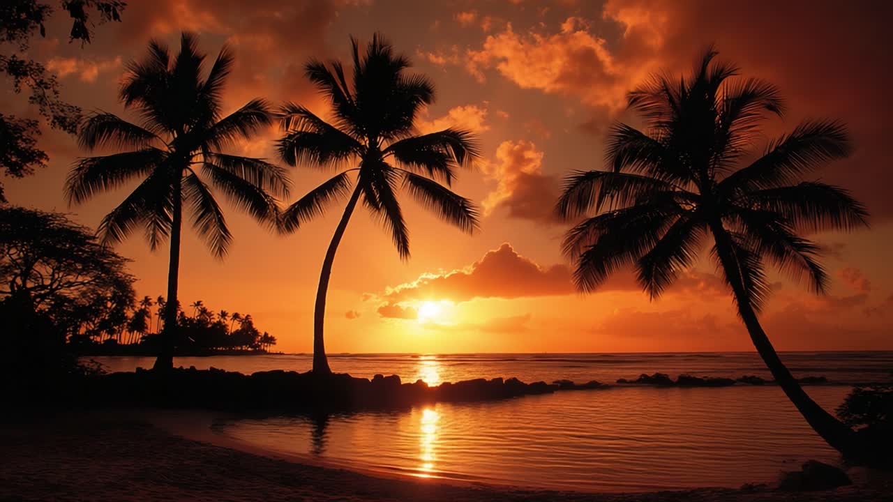 Serene Sunset Over Tropical Beach with Silhouette of Palm Trees Reflecting Warm Colors in Calm Waters