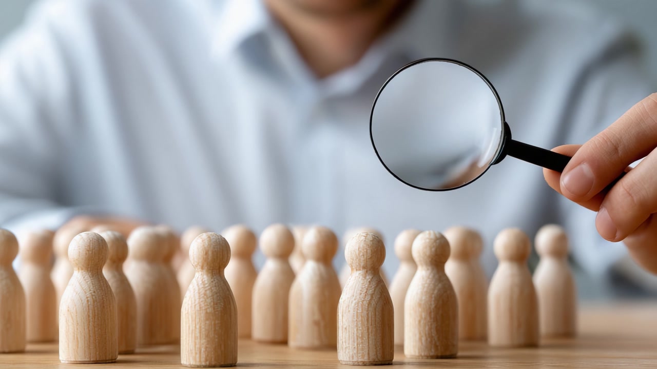 Um Exame Focado de Figuras de Madeira, Simbolizando Seleção e Análise, Onde um Indivíduo Escrutina um Grupo Através de uma Lupa, Revelando Insights Sobre Processos de Observação