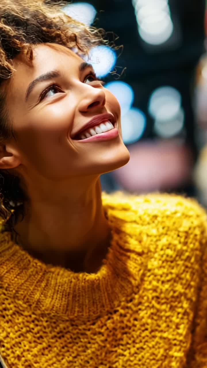 A Joyful Woman Smiling in a Cozy Yellow Sweater Surrounded by a Beautifully Blurred Background Full of Soft Light Highlights and Vibrant Colors