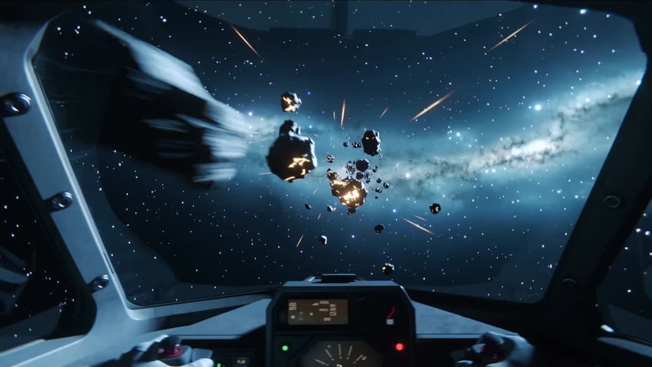 Navigating pilot manipulating dual joysticks in cockpit, responding to closing asteroids and sparks