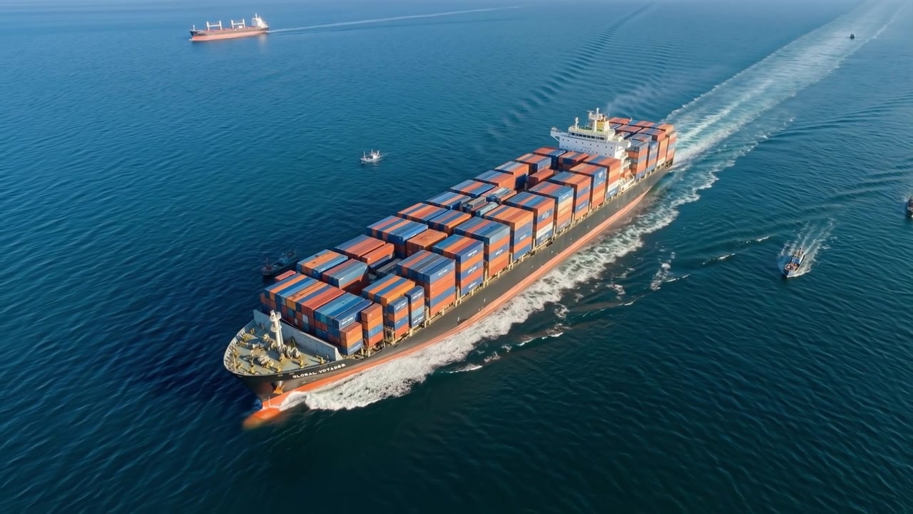 Aerial view of a large cargo container ship sailing across the deep blue ocean water.