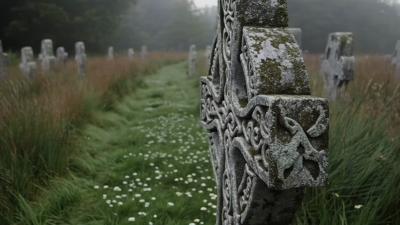 Ancient Celtic Crosses in a Misty Graveyard