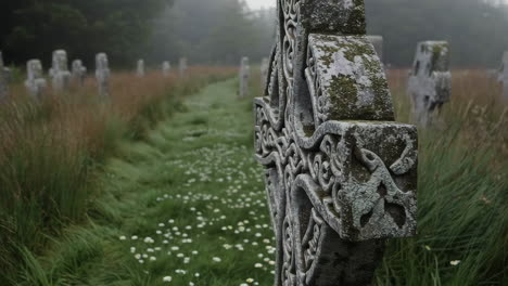 ancient celtic crosses in a misty graveyard