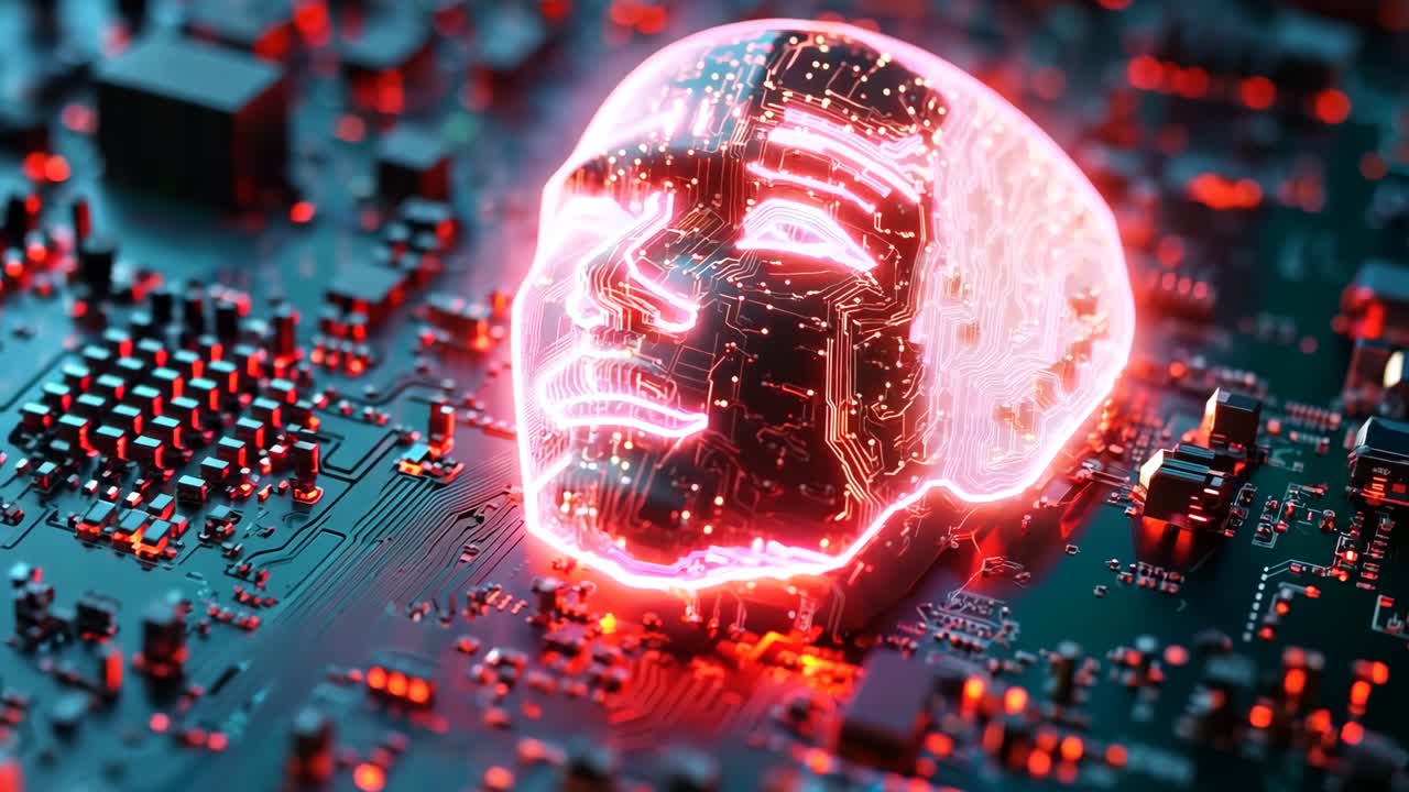 una placa de circuito de computadora con una cabeza brillante en la parte superior