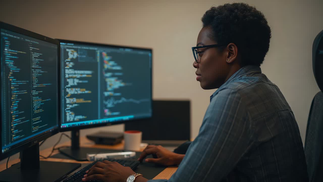 Scanning developer in denim and glasses reading code, typing at desk with dual monitors, copy space