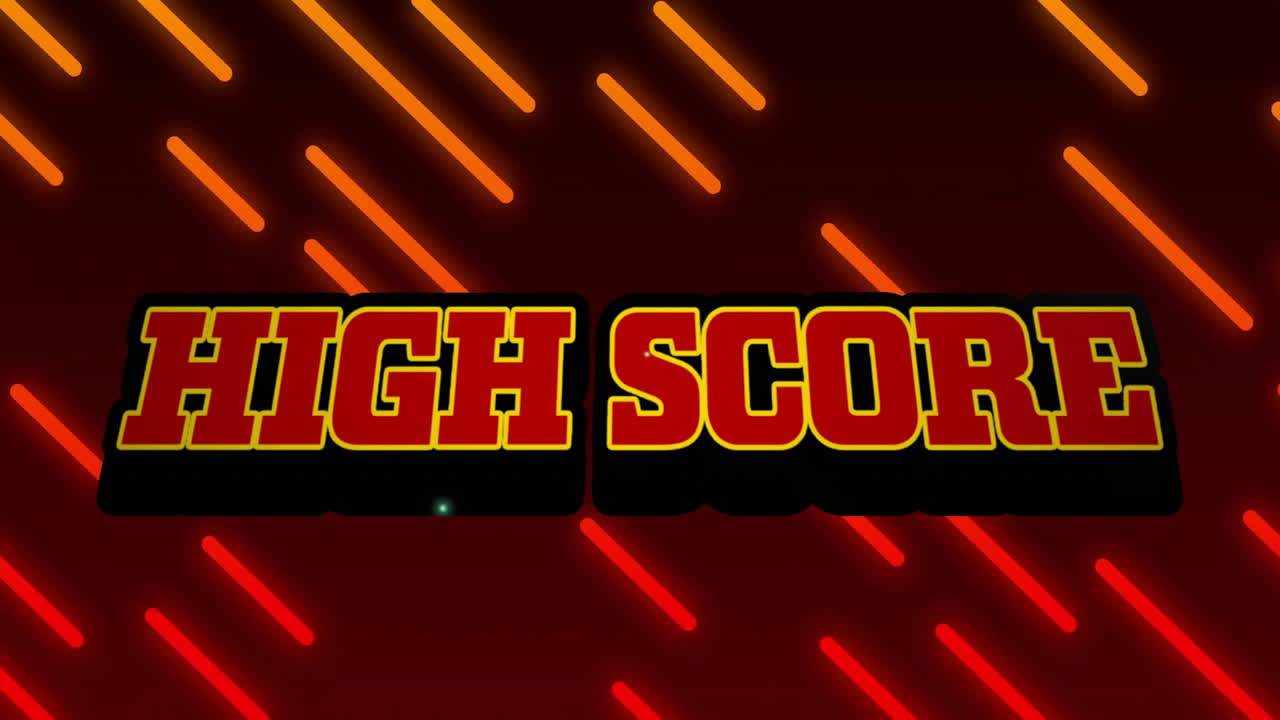 animación de texto de alta puntuación sobre líneas diagonales rojas y naranjas