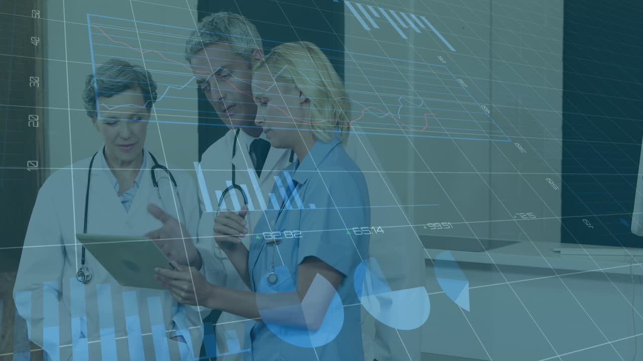 animación de gráficos y datos sobre mujeres y hombres médicos caucásicos sonrientes