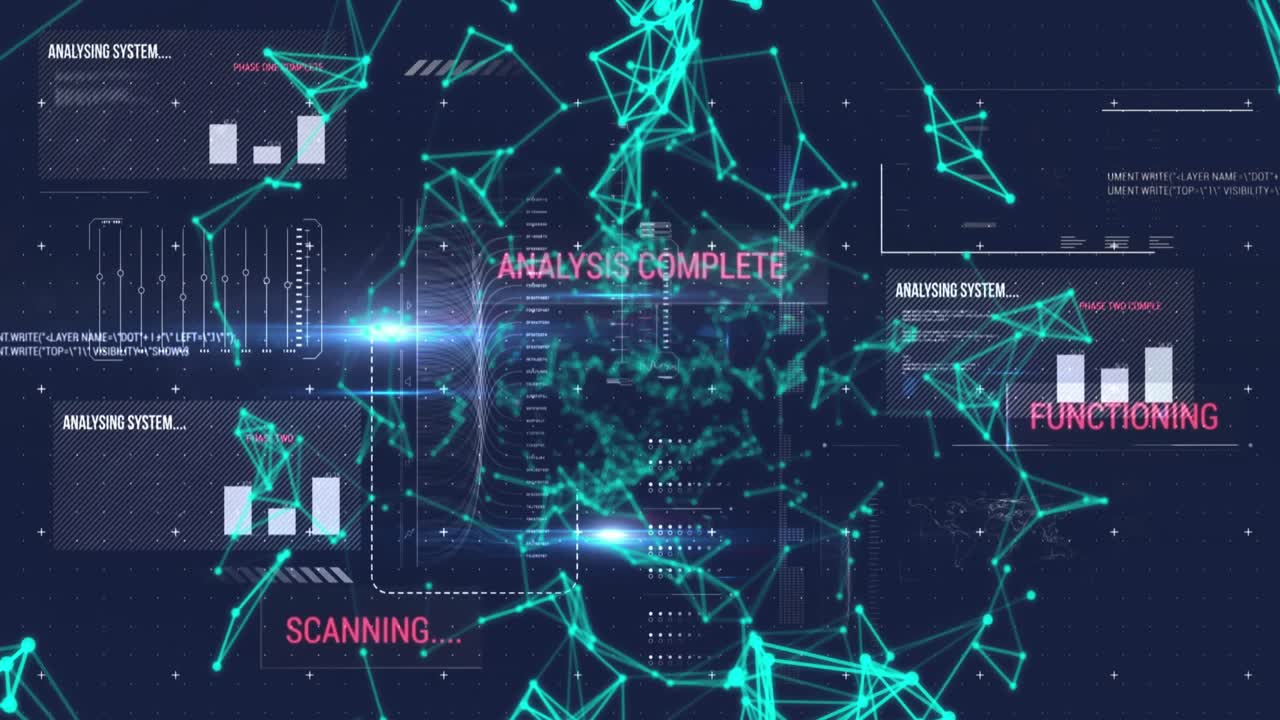 Animation of network of connections over interface with data processing against blue background