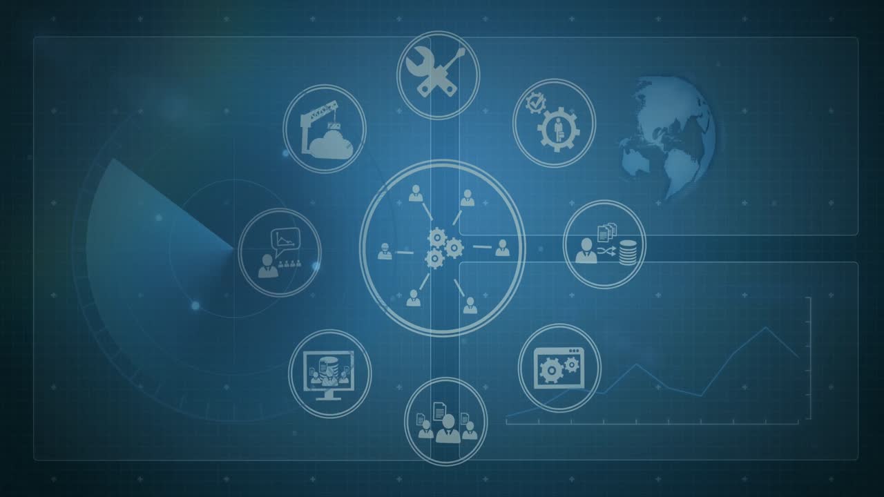 animación de una red de iconos digitales en todo el mundo girando en pantallas de fondo