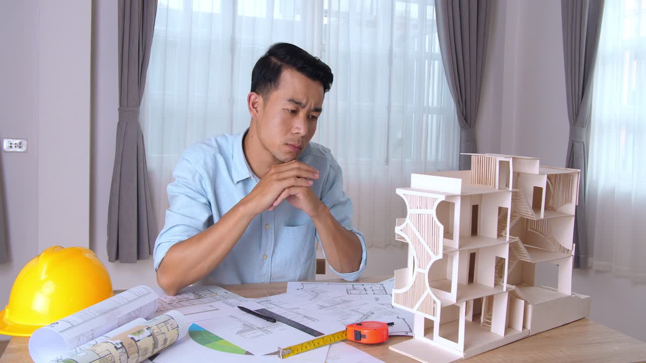 Young Architect Looking House Model And Thinking About New Architectural Ideas