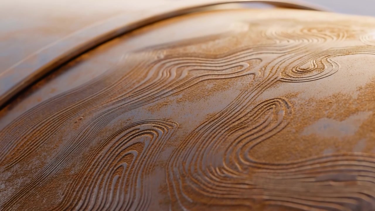 Un primo piano di una superficie liquida che scorre e si avvolge in un movimento dinamico e fluido, che mostra le sue tonalità marroni e arancioni su uno sfondo pulito e naturale. Questa scena commerciale è ideale