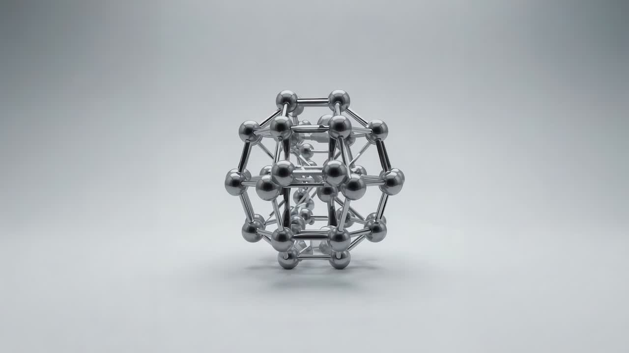 Dollying in, polished metal polyhedron rotating on axis at studio table, emphasizing reflections