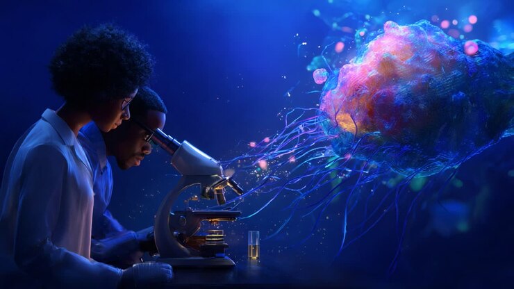 Exploration de la microbiologie et de la biologie cellulaire à travers des techniques avancées : des scientifiques examinent des échantillons au microscope, révélant les mystères des structures cellulaires.