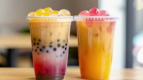 two glasses of bubble tea with different flavors