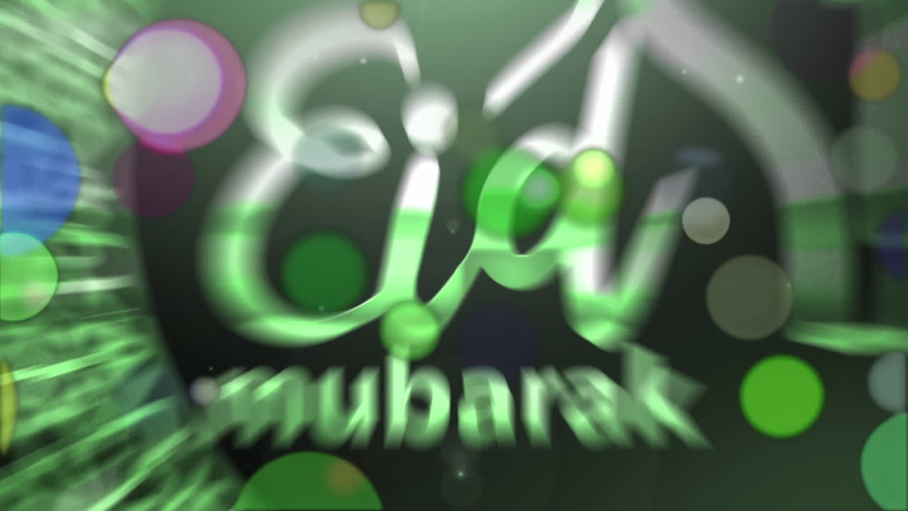 Animation of text eid mubarak, mosque and crescent moon symbols, with colourful circles on black