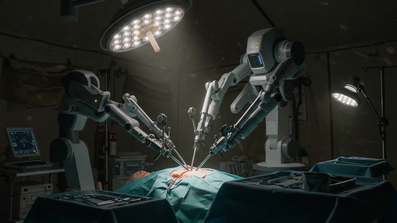 Futuristic Robotic Surgery in Action: Advanced Surgical Robots Performing a Precision Operation Under the Bright Operating Lights in a High-Tech Medical Environment