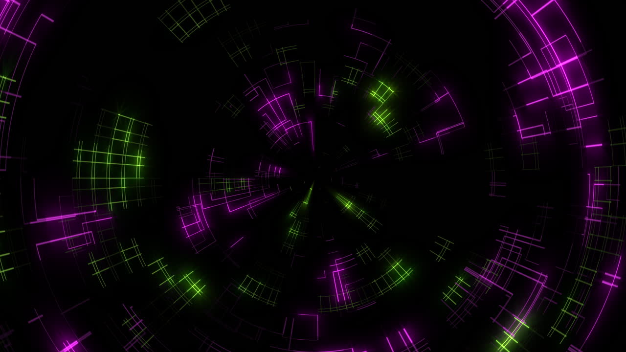 Schermo di computer con linee LED digitali al neon ed elementi HUD con effetto glitch
