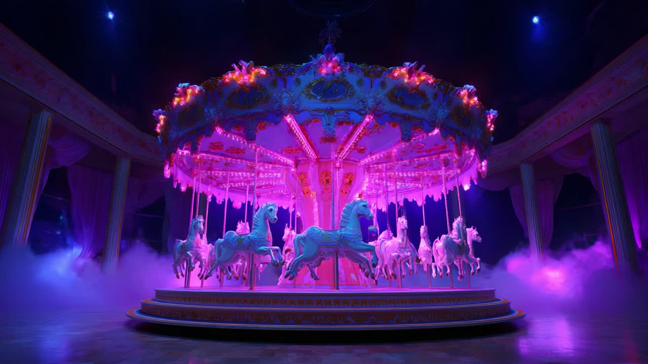 An Enchanting Carousel with Majestic Horses Illuminated by Vibrant Lights in a Mystical Atmosphere – A Captivating Scene Capturing the Beauty and Whimsy of a Classic Amusement Ride
