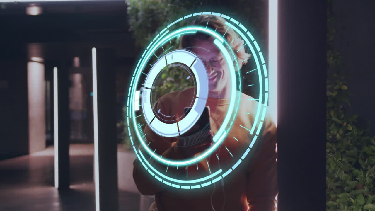 Interacting with animation, person in school using digital interface, smiling