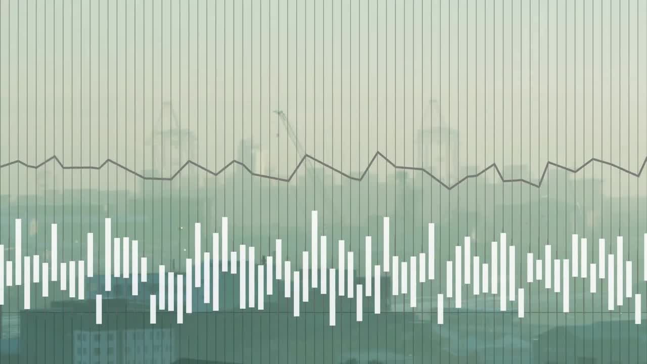 하늘 아래의 실루 건물과 크레인 위에 움직이는 그래프의 애니메이션