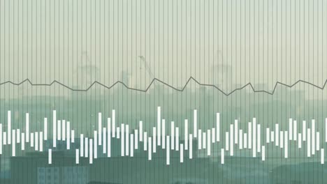 animación de gráficos que se mueven sobre edificios de silueta y grúas bajo el cielo