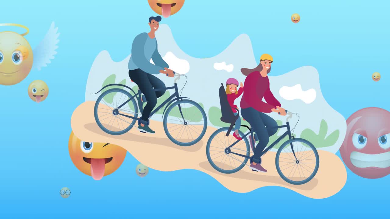 딸과 함께 자전거를 타는 웃는 부모의 일러스트레이션 애니메이션, 이모지