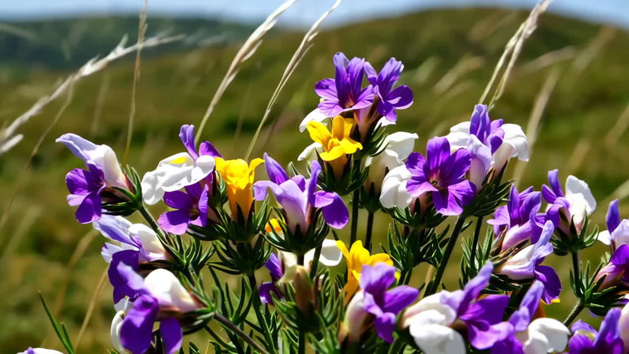 들판 에 있는 다채로운 야생 꽃 들