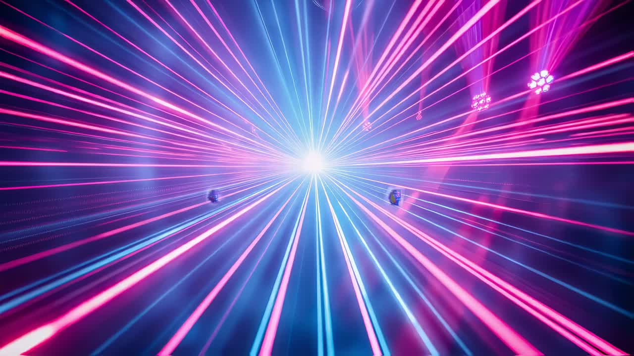 Colorful laser lights create a vibrant and energetic atmosphere on a nightclub dance floor, pulsating and flashing to the rhythm of the music in a dynamic montage