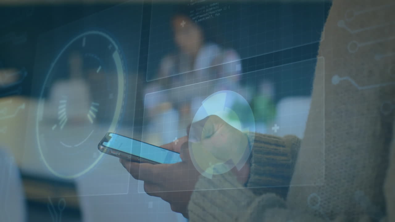 animación de escaneo de alcance sobre mujer de negocios biracial usando teléfono inteligente