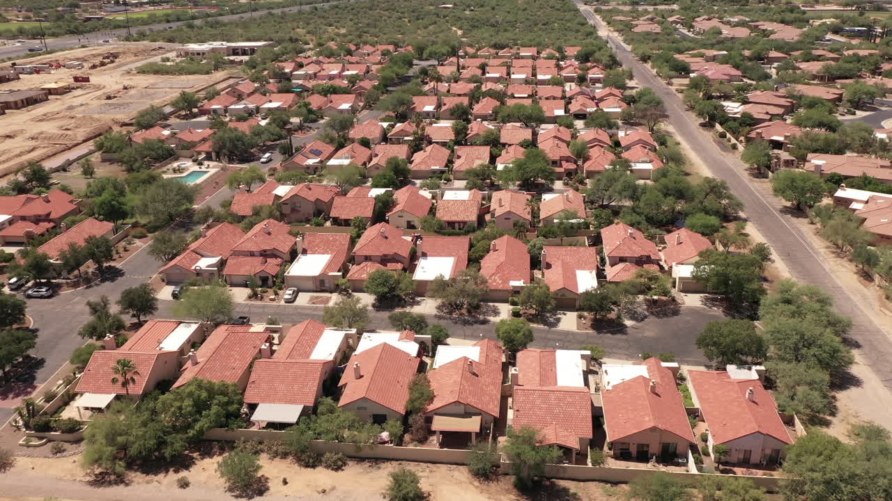 One-story single family homes in Tucson Arizona, aerial flyover