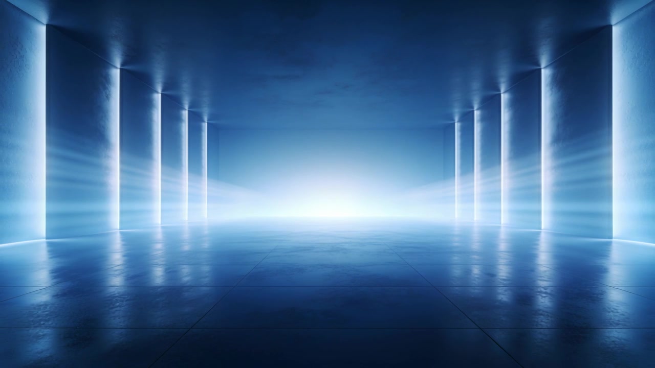 Brightening horizon light causing futuristic corridor reflecting shiny floor, lit strips, with haze