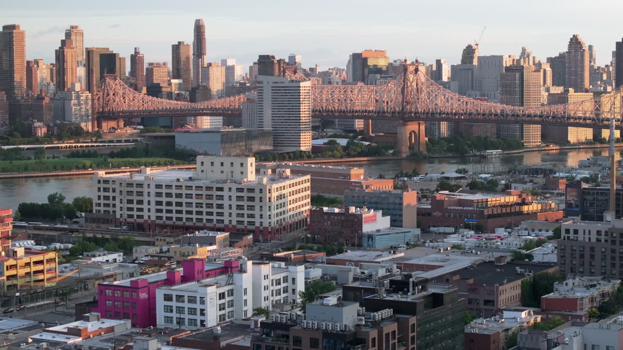 Aerial view of the Queensboro Bridge at sunrise. Shot in New York City