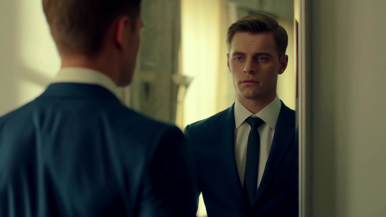 Giovane uomo caucasico in abito che si guarda allo specchio mentre si sistema la cravatta prima di un incontro, illuminazione soffusa dell'hotel, tensione calma