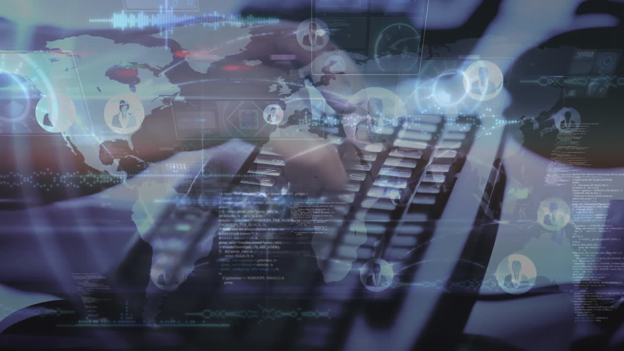 animación de la red de conexiones y procesamiento de datos a mano escribiendo en el teclado