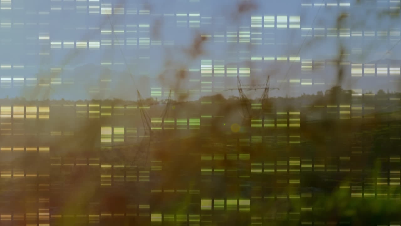 animación de columnas móviles sobre el paisaje con pilones de electricidad