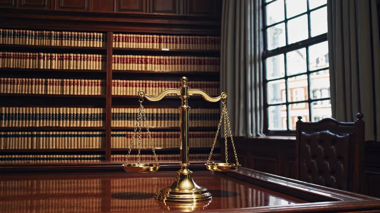 A low-angle video shot of a golden balance scale on a polished wooden table in a classic library