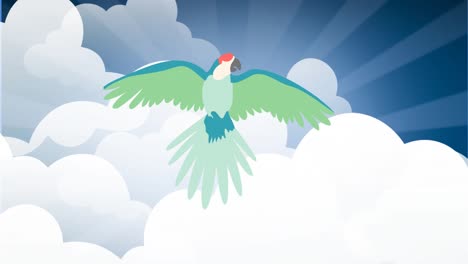 Animation-of-green-bird-flying-over-clouds-on-blue-sky-in-background