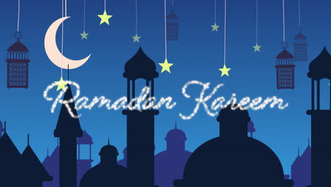 brilhante ramadan kareem saudação com mesquitas e lanternas com lua e estrelas